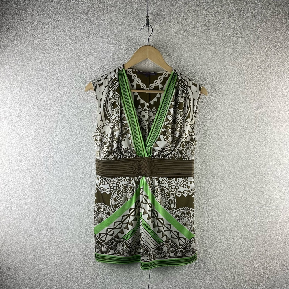 Halè Bob l S Silk Blend Stretch Boho Tribal V-Neck Woven Waistband Blouse Tunic